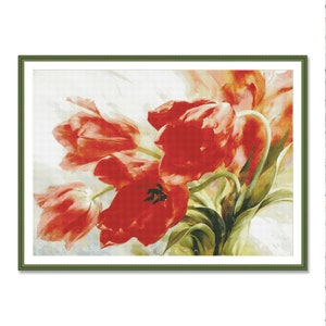 Red Tulips, Counted Cross Stitch Pattern, Digital Pattern PDF, Garden Red Flowers, Oriental Wild Flowers Pattern, Bouquet Embroidery