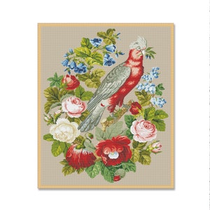 Antieke papegaai, geteld kruissteekpatroon, digitaal patroon, bloemmotief, wilde bloemen patroon, vintage bloemenkaart, direct downloaden
