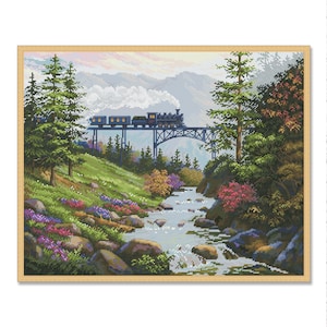 Bergeisenbahn, Kreuzstichmuster Bergfluss Wasserfall Sommer Landschaft Handarbeit Vorlage Digitales Muster Berglandschaft