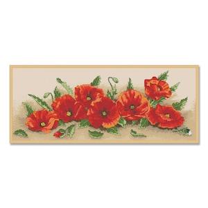 Rode klaprozen, kruissteekpatroon, PDF digitaal patroon, modern decor, wilde bloemenpatroon, boeket, naaldpuntdiagram, Instant Download