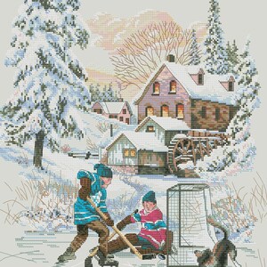 May include: A winter scene with a snowy village, two children playing hockey on a frozen pond, and a dog watching them. The village has a watermill and several houses with snow-covered roofs. The children are wearing winter clothing and are holding hockey sticks. The dog is brown and white and is sitting on the ice.