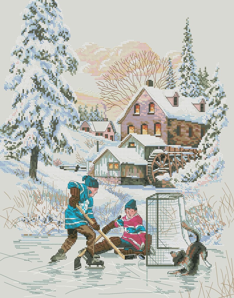 May include: A winter scene with a snowy village, two children playing hockey on a frozen pond, and a dog watching them. The village has a watermill and several houses with snow-covered roofs. The children are wearing winter clothing and are holding hockey sticks. The dog is brown and white and is sitting on the ice.
