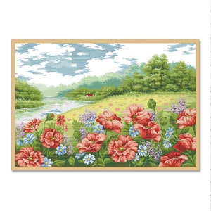 Klaprozenveld, geteld kruissteekpatroon, bloemmotief, zomerlandschap, rood bloemenpatroon, Instant Download PDF