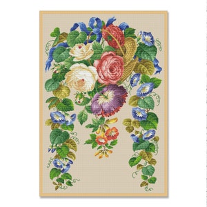 Morning Glory bloemenmand, geteld kruissteekpatroon, digitaal patroon, bloemmotief wilde bloemen Vintage bloemenkaart Instant Download