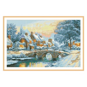 Counted Cross Stitch Pattern, Winter Landscape, Snow Village, Hand Needlepoint Chart, Digital Pattern PDF, Christmas Eve