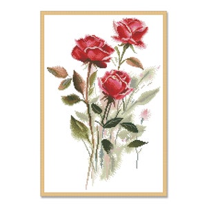 Rode rozen, geteld kruissteekpatroon, oosterse bloemen, digitaal patroon PDF, bloemenkaart, patroon van wilde bloemen, boeketborduurwerk
