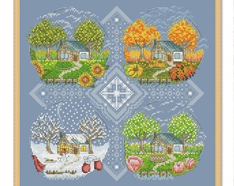 Seasons, Counted Cross Stitch Pattern, Summer Landscape Pattern, Instant Download PDF, Needlework Chart, Four Seasons, Village Cottage