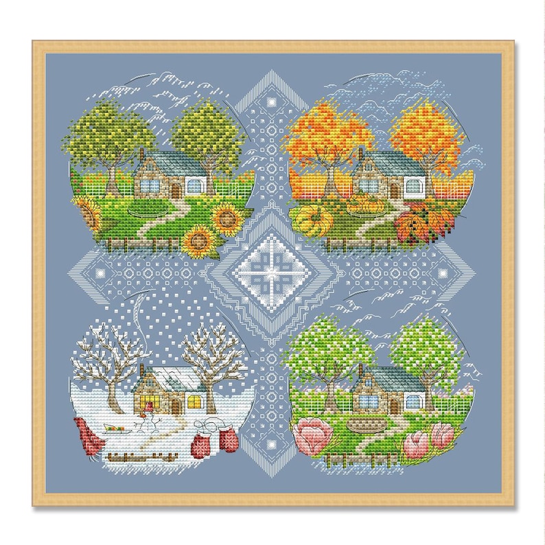 May include: Cross-stitch artwork depicting a house in four seasonal settings: spring, summer, autumn, and winter. Each season is represented in a circular frame, with detailed stitching of trees, flowers, and seasonal elements. The artwork is framed in a light brown wooden frame.