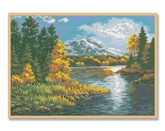 美しい秋の湖畔林の風景を描いたクロスステッチの図案（PDF） - 水彩