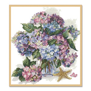 Hortensiaboeket, geteld kruissteekpatroon, digitaal patroon, bloemmotief, wilde bloemenpatroon, boeketborduurwerk, direct downloaden