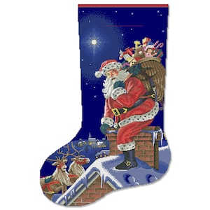 May include: A Christmas stocking with a blue background and a star in the sky. Santa Claus is climbing down a chimney with a sack of presents on his back. Two reindeer are pulling a sleigh in the foreground.