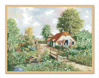 Sommer Cottage, Zählmuster Kreuzstichmuster, Dorf Cottage, Sommerwald , Handstickerei, Nadelspitze, digitales Muster PDF