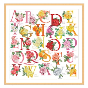 Alfabeto rosa, patrón de punto de cruz contado, letras florales, personalización de letras, decoración para la habitación de los niños, flor de jardín ABC
