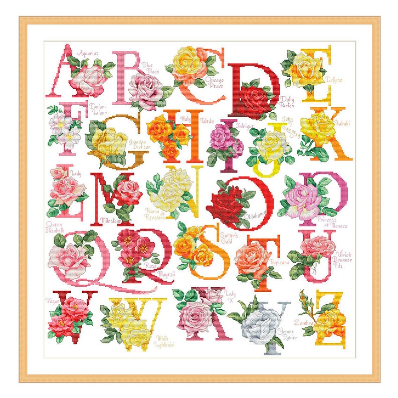 Alfabeto rosa, patrón de punto de cruz contado, letras florales, personalización de letras, decoración para la habitación de los niños, flor de jardín ABC imagen 1