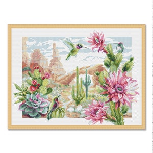 Kolibrie en Cactus, Vogel in bloemen, Geteld Kruissteekpatroon, Vogels op een tak, Download Digitaal Patroon PDF, Hand Xstitch Decor
