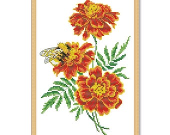 Marigold Flower Cross Stitch Pattern with Bee | Botanical Floral PDF | Orange Flower Embroidery Design