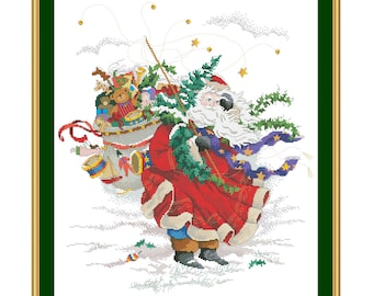 Windswept St Nick, Counted Cross Stitch Pattern, Winter, Santa, Snow, Holiday Xstitch Decor, Christmas Tree, Instant Download PDF