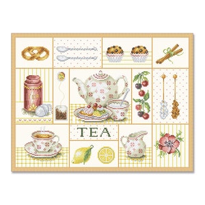 Tea Collage, Counted Cross Stitch pattern, Kitchen Still Life, Cups, Mugs, Cupcake, Cookies, Napkins, Home Modern Decor, Instant Download