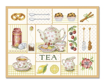 May include: A cross-stitch pattern featuring a tea party scene with a teapot, teacups, a jar of tea, lemons, a pitcher of cream, muffins, and cherries. The word "TEA" is stitched in green letters.