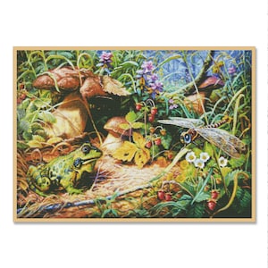 Kikker en libel, geteld kruissteekpatroon, bloemennatuur kruissteek, insecten, zomerbos, paddenstoelen, bloemenpatroon Download PDF