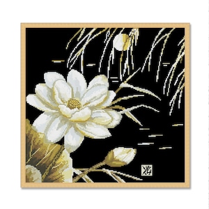 Lotusbloem, geteld kruissteekpatroon, digitaal patroon PDF, witte bloemen, oosterse wilde bloemenpatroon, boeketborduurwerk