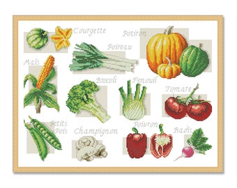 Vegetables Sampler, Counted Cross Stitch Pattern, Kitchen Still Life, Summer Vegetables, Corn, Peas, Pepper, Mushrooms, Carrot, Pumpkin
