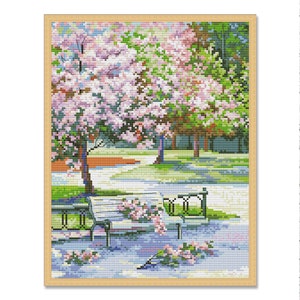 Spring Park, Counted Cross Stitch Pattern, Summer Landscape, Hand Embroidery, English village, Needlepoint Chart, Digital Pattern PDF