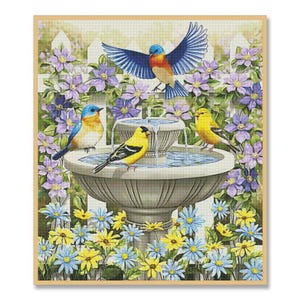 Vogels en bloemen, geteld kruissteekpatroon, vogels op een tak, zomertuinvogels, download digitale patroon-pdf, hand xstitch-decor