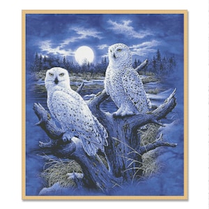 Cross Stitch Pattern Snowy Owls in Moonlit Forest Night Scene Elegant Wildlife Embroidery for Bird Lovers and Nature Enthusiasts