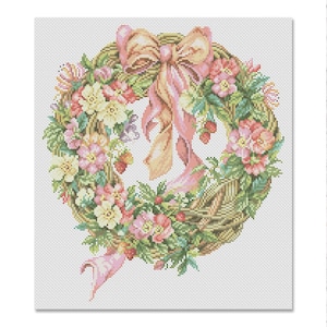 Rozenbottelkrans, geteld kruissteekpatroon, oosterse bloemen, digitale patroon PDF, bloemenkaart, patroon van wilde bloemen, boeketborduurwerk