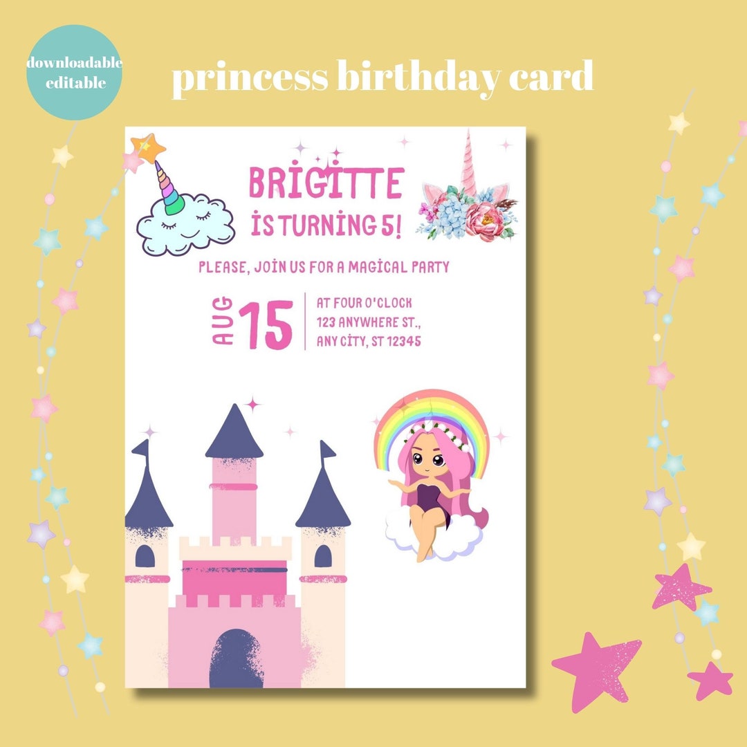 Printable Princess Birthday Card Digital Download Cute - Etsy