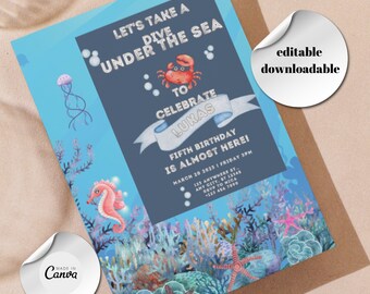 Editable Under The Sea Birthday Invitation, Editable Ocean Animals Party Invite Template