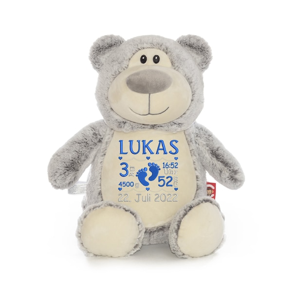 Soulmate Stofftier - Bär grau mit Geburtsdaten - personalisiertes Geschenk zur Geburt