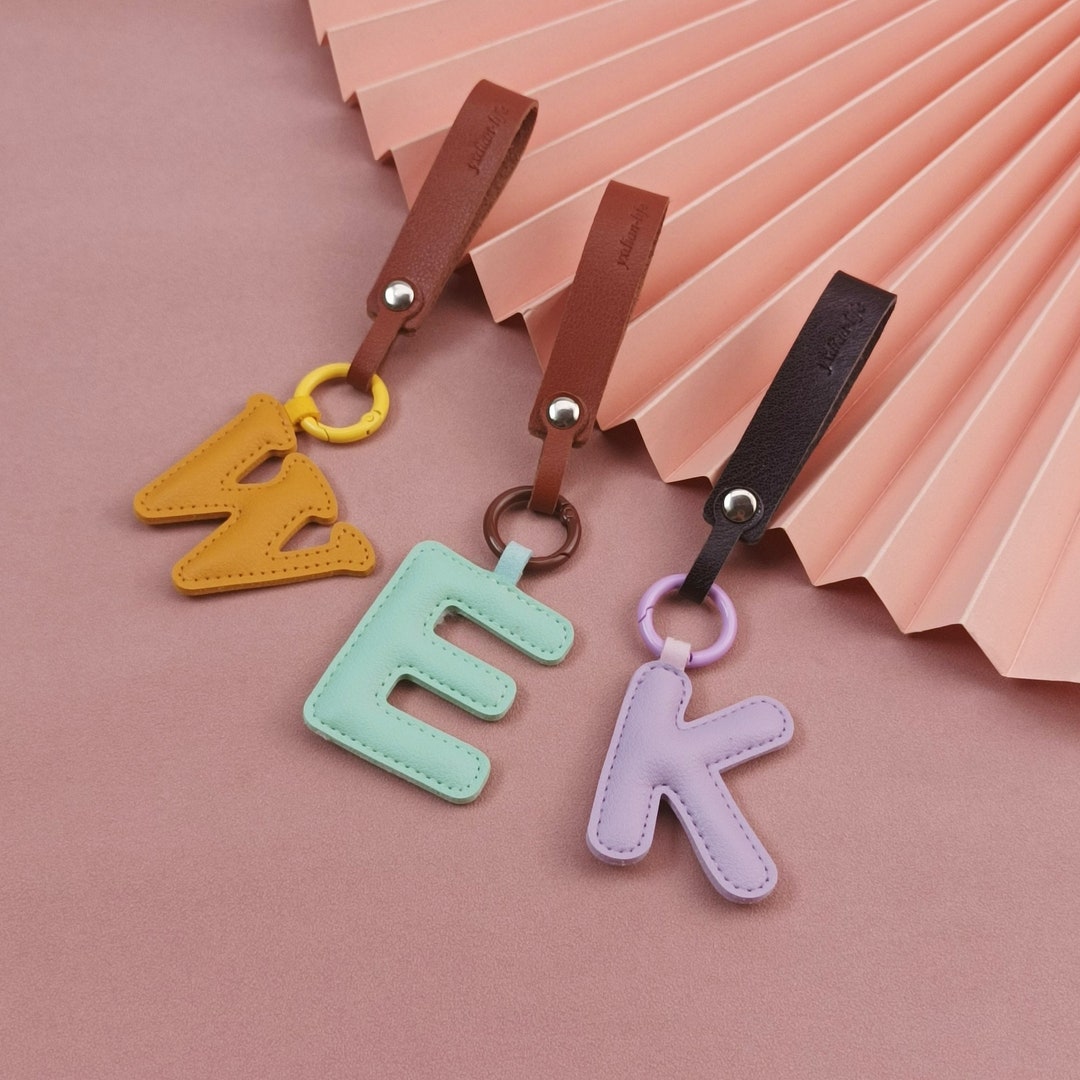 Personalized Leather Letter Keychain Colorful Capital Letter Etsy