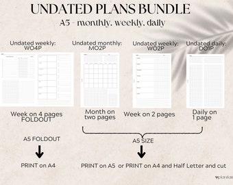 Undatierte A5 Einlagen: monatliche, wöchentliche und tägliche Layouts