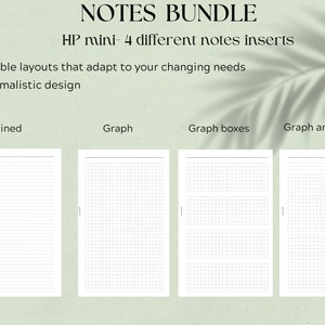 Può includere: Quattro tipi diversi di inserti di carta per appunti stampabili per un planner HP mini. Gli inserti includono righe, grafici, caselle di grafici e grafici e linee. Gli inserti sono bianchi e hanno un design minimalista.