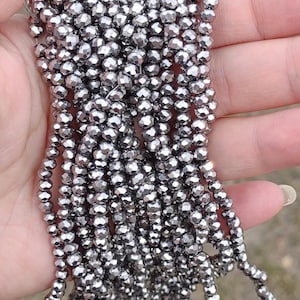 Silver faceted rondelle glass beads, 4x3mm, jewelry making supplies, diy necklace, bracelet, earring supplies, approx. 16 inch strand