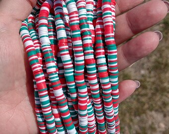 6mm red green and white polymer clay heishi beads, DIY bracelets, jewelry making supplies, Christmas, Holidays, approximately 16 inch strand