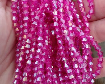 Bright hot pink glass bicone beads, 4mm, 14 inch strand, diy jewelry making supplies