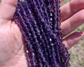 Purple glass bicone beads, 6mm, approximately 10 inch strand, diy jewelry making supplies