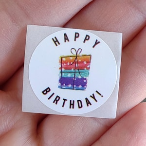 Happy birthday stickers, 1 inch round, celebration, birthday cake, balloons, self adhesive, paper crafts, birthday supplies