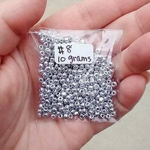 Silver size 8 glass seed beads, jewelry making supplies, bead weaving, 10 gram package