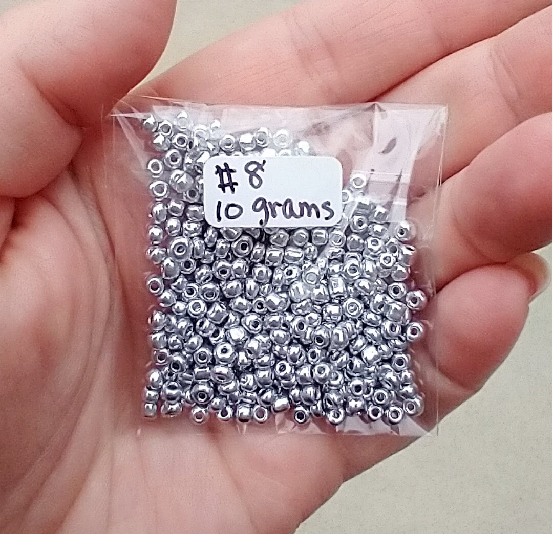 Silver size 8 glass seed beads, jewelry making supplies, bead weaving, 10 gram package
