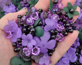 Black purple and green flower bead mix, 6-30mm, 50 gram pack, bead soup