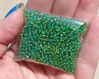 Green iridescent size 11 glass seed beads, 20 gram pack, jewelry making supplies, weaving looming, DIY bracelets earrings necklaces