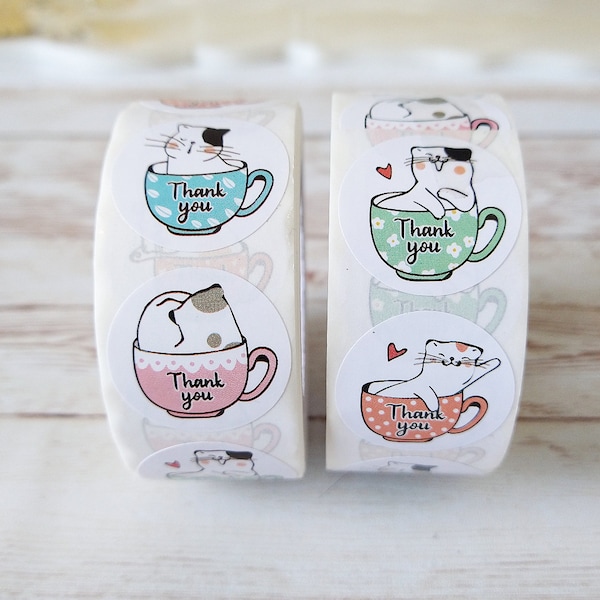 Cat in a teacup thank you stickers, roll of 500, 1 inch round stickers, business branding, paper supplies, packaging materials, pack of 20