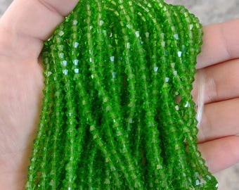 Green glass bicone beads, 4x4mm, approximately 12 inch strand, diy jewelry making supplies, ready to ship
