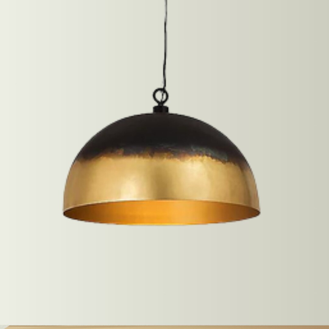 Burnished Dome Pendant Light, Black and Gold Hanging Light, Farmhouse