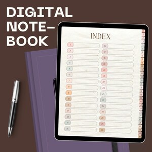 Könnte beinhalten: Ein digitales Notizbuch mit einer Indexseite, die auf einem Tablet angezeigt wird. Das Tablet befindet sich auf einer braunen Oberfläche neben einem lila Notizbuch und einem silber-schwarzen Stift. Der Titel des Notizbuchs lautet "DIGITAL NOTE-BOOK". Die Indexseite hat nummerierte Abschnitte.