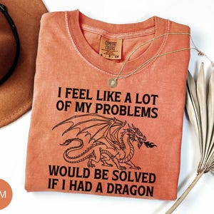 Könnte beinhalten: Ein terrakottafarbenes T-Shirt mit Rundhalsausschnitt, einer schwarzen Drachengrafik und dem Text, I FEEL LIKE A LOT OF MY PROBLEMS WOULD BE SOLVED IF I HAD A DRAGON. Das T-Shirt hat ein Comfort Colors Markenetikett am inneren Halsausschnitt.
